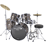 Percussion Plus Deluxe Beginner 5-Piece Drum Set w/ Cymbals and Throne - Steel Grey