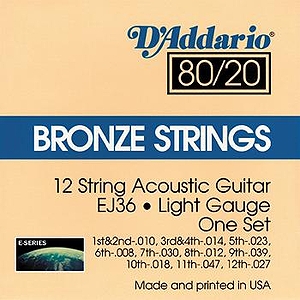 D'Addario EJ36 12-string Acoustic Guitar Strings - 80/20 Bronze, Light, 3 Sets