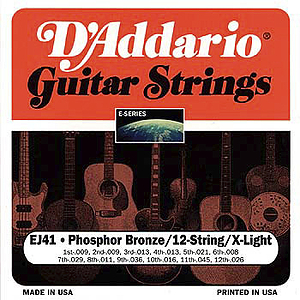 D'Addario Phosphor Bronze Acoustic Guitar Strings - 12-string Extra Light - Box of 10 sets