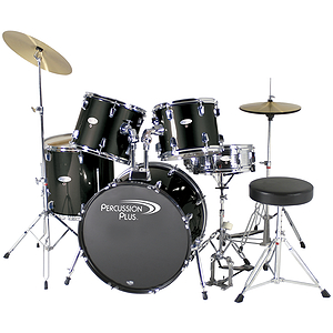 Percussion Plus Deluxe Beginner 5-Piece Drum Set w/ Cymbals and Throne - Black