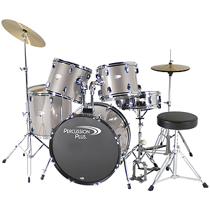 Percussion Plus Deluxe Beginner 5-Piece Drum Set w/ Cymbals and Throne - Metallic Smoky Silver
