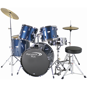 Percussion Plus Deluxe Beginner 5-Piece Drum Set w/ Cymbals and Throne - Midnight Blue