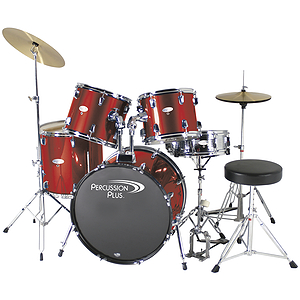 Percussion Plus Deluxe Beginner 5-Piece Drum Set w/ Cymbals and Throne - Metallic Wine Red