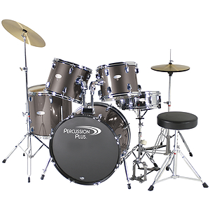 Percussion Plus Deluxe Beginner 5-Piece Drum Set w/ Cymbals and Throne - Steel Grey