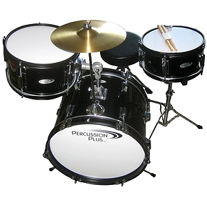Percussion Plus 3-Piece Junior Children's Drum Set w/ Cymbal & Throne - Black