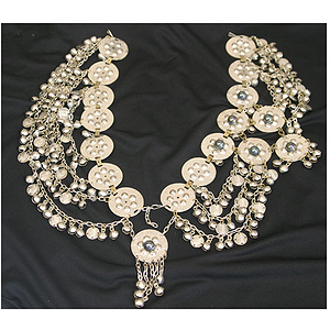 Belt, Nickel Brass Coins Bells Beads 32"